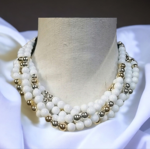 Vintage 1950s Mid Century Choker Beaded Gold & Silver Tone Multi-Strand Necklace - Picture 3 of 15